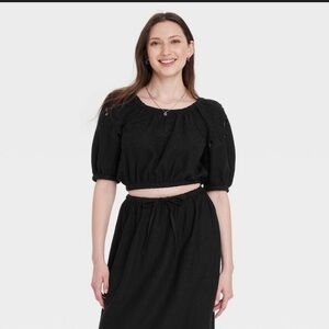 Black Openwork Puff Sleeve Linen Crop Blouse Size Large